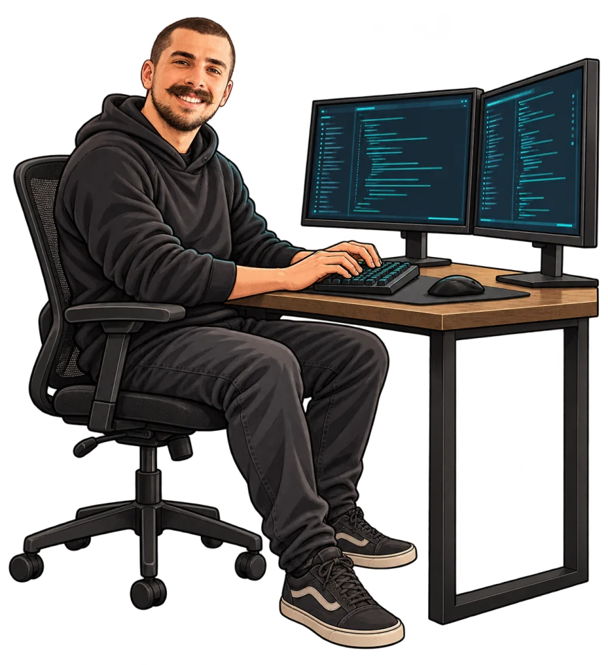 Manga Jani coding at a desk with two screens