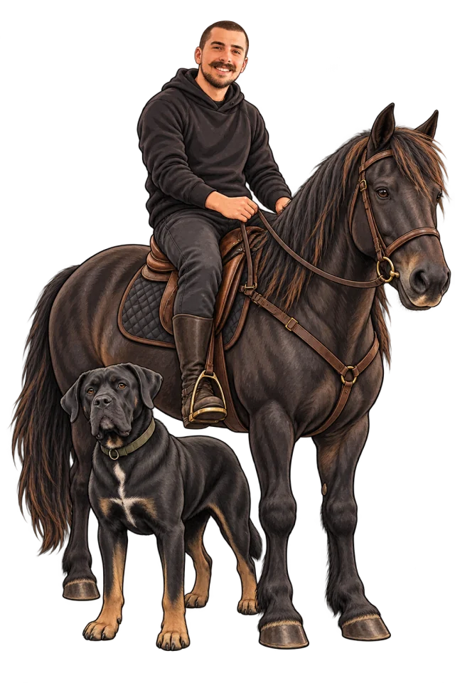 Manga Jani riding a dark horse, with his dog beside them