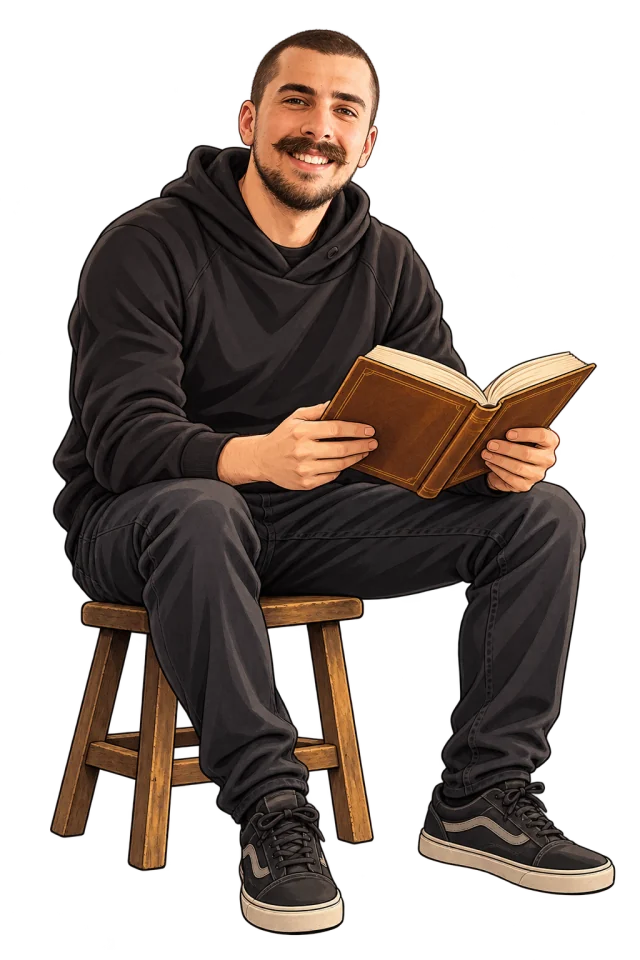 Manga Jani sitting on a stool, reading a book